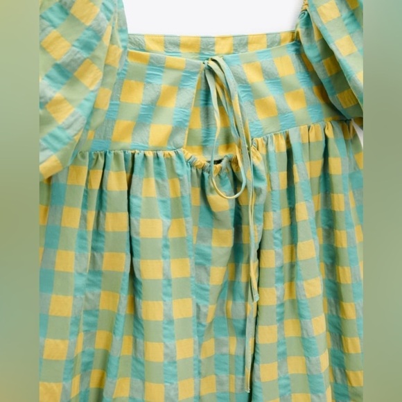 Blogger Favorite Zara Pastel Blue Yellow Puff Sleeve Dress Checkered size Small - Picture 5 of 7